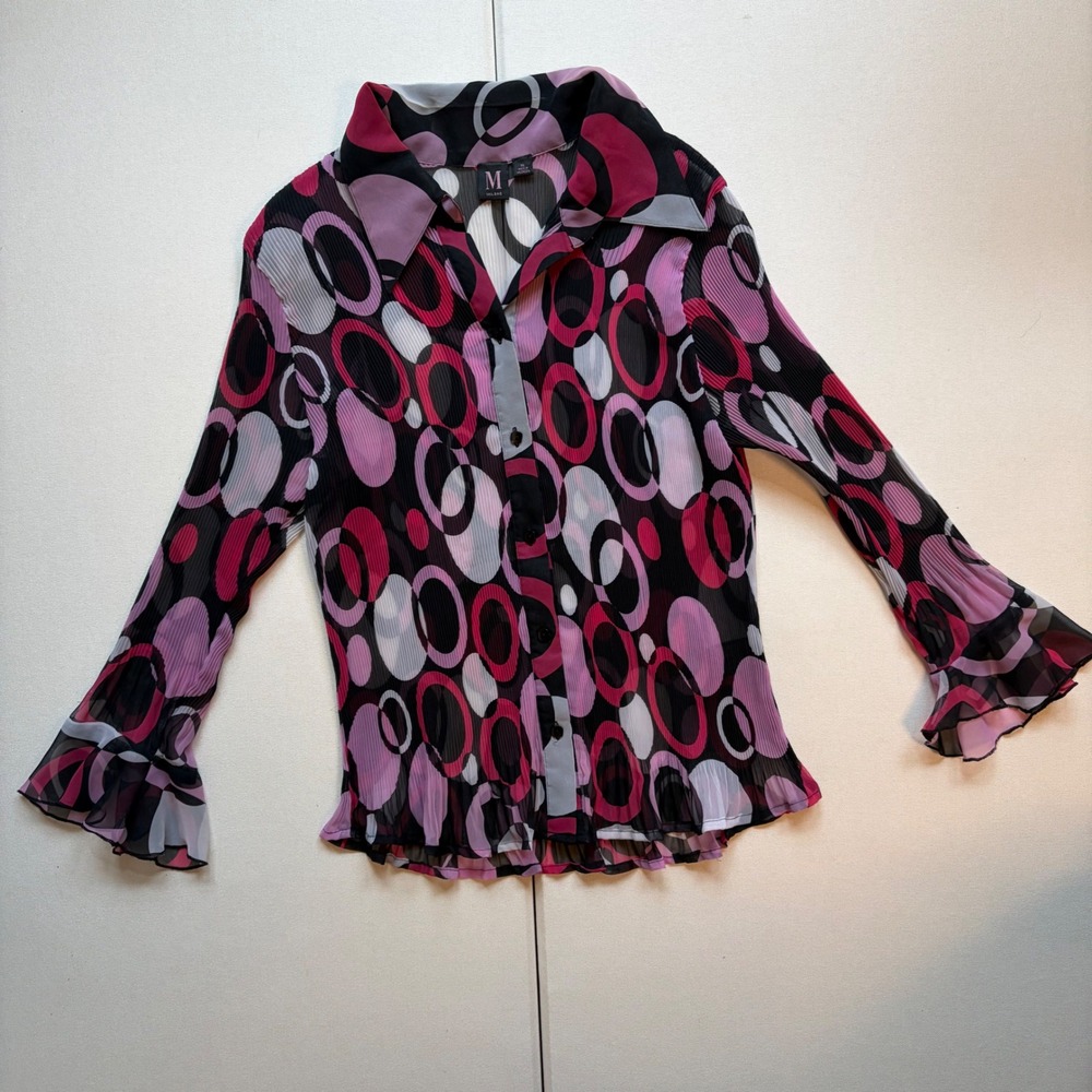 M Milano Plisse Blouse XL Pink Purple Geometric Circle Print Ruffle Cuff Top